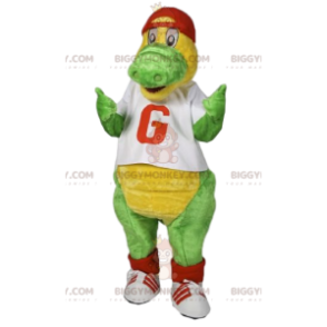  BIGGYMONKEY™ costume da mascotte di dinosauro verde con berretto rosso. - Mascotte di dinosauri - BiggyMonkey.com