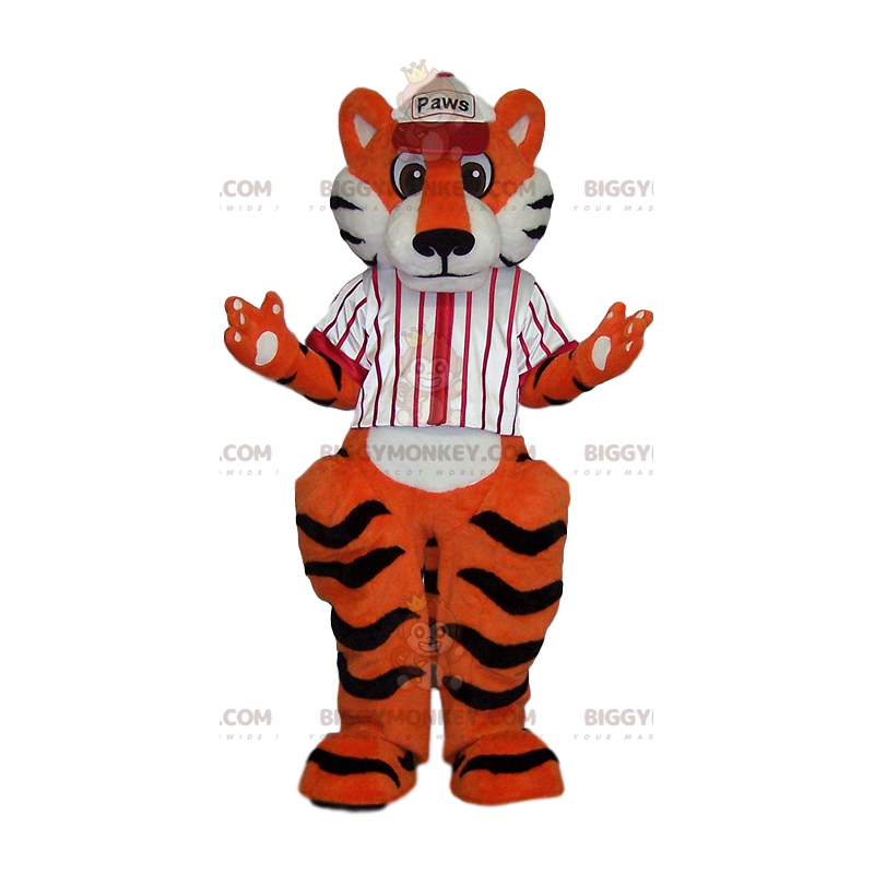 Tiger BIGGYMONKEY™ Mascot Costume With White Baseball Jersey – Tiger BIGGYMONKEY™ Mascot Costume With White Baseball Jersey –