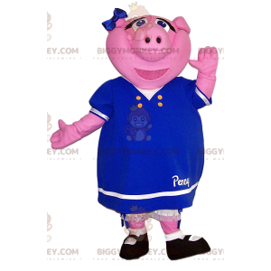 BIGGYMONKEY™ mascot costume of pink sow with cute blue dress. -