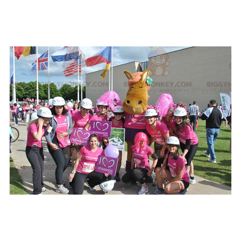 Disfraz de mascota BIGGYMONKEY™ Caballo potro marrón y rosa con Disfraz de mascota BIGGYMONKEY™ Caballo potro marrón y rosa con
