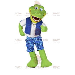 BIGGYMONKEY™ Mascot Costume Green Crocodile In Blue Surf Outfit