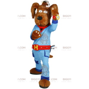 Kostým maskota psa BIGGYMONKEY™ v modrém pracovním oděvu.