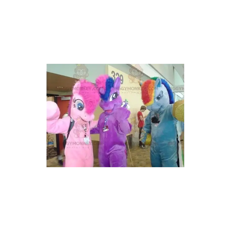 3 BIGGYMONKEY's veelkleurige pony eenhoorns mascotte - 3 BIGGYMONKEY's veelkleurige pony eenhoorns mascotte -