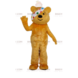 Fato de mascote BIGGYMONKEY™ de urso amarelo com bandagem.