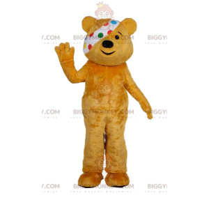 Στολή μασκότ BIGGYMONKEY™ κίτρινης αρκούδας με επίδεσμο. στολή