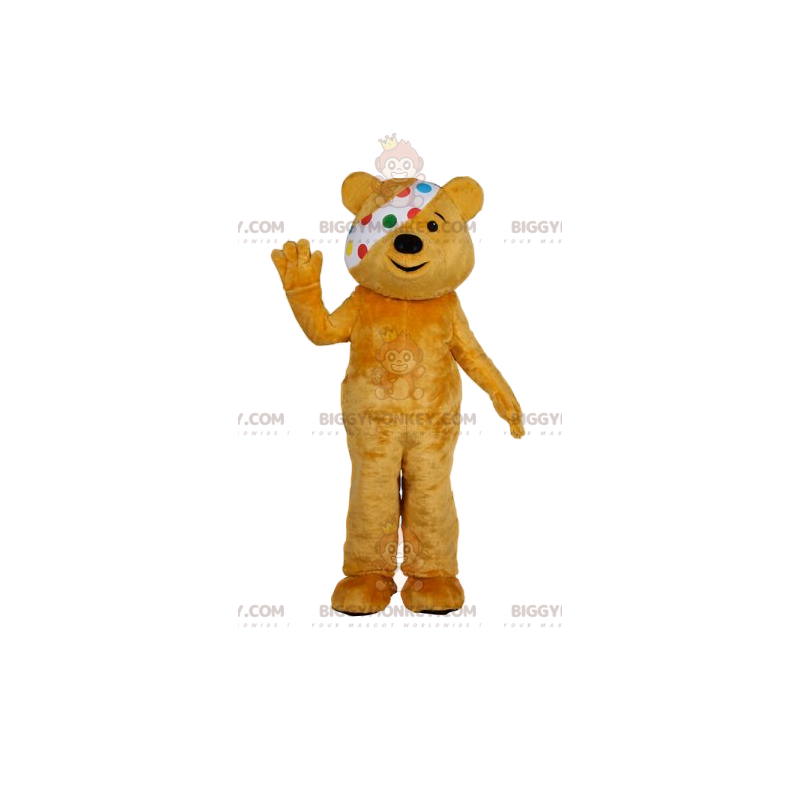 BIGGYMONKEY™ maskotkostume af gul bjørn med bandage. gul bjørn BIGGYMONKEY™ maskotkostume af gul bjørn med bandage. gul bjørn