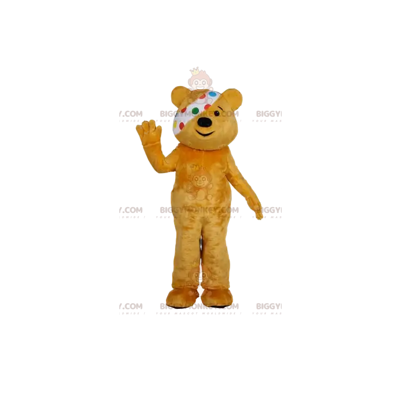 BIGGYMONKEY™ Maskottchenkostüm gelber Bär mit Bandage. Gelbes BIGGYMONKEY™ Maskottchenkostüm gelber Bär mit Bandage. Gelbes