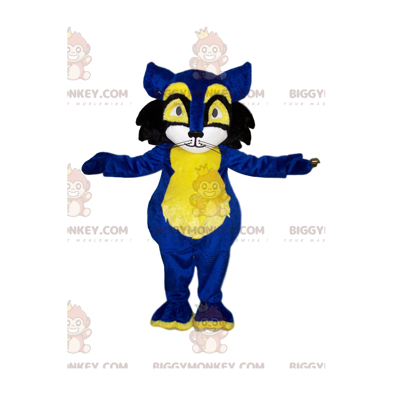 Costume da mascotte BIGGYMONKEY™ gatto blu e giallo. costume da Costume da mascotte BIGGYMONKEY™ gatto blu e giallo. costume da