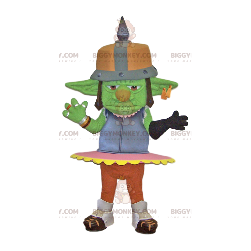 Costume de mascotte BIGGYMONKEY™ de troll vert avec un casque Costume de mascotte BIGGYMONKEY™ de troll vert avec un casque