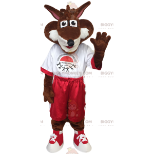 Brown Fox BIGGYMONKEY™ maskotkostume i rødt og hvidt sportstøj