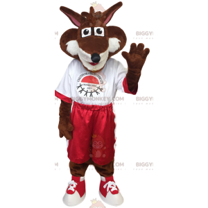 Στολή μασκότ Brown Fox BIGGYMONKEY™ σε κόκκινα και λευκά