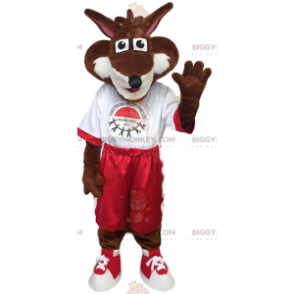Disfraz de mascota Brown Fox BIGGYMONKEY™ en ropa deportiva roja y blanca - Mascotas zorro - BiggyMonkey.com