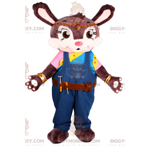 Brown bunny BIGGYMONKEY™ mascot costume with blue overalls. -