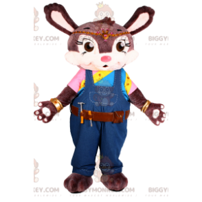 Bruin konijn BIGGYMONKEY™ mascottekostuum met blauwe overall. -