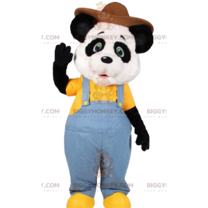 BIGGYMONKEY™ Panda-maskotkostume i jeansoveralls og hat -