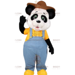 BIGGYMONKEY™ Panda Mascot Costume In Jeans Overalls And Hat -