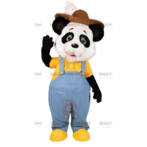 BIGGYMONKEY™ Panda Mascot Costume In Jeans Overalls And Hat -