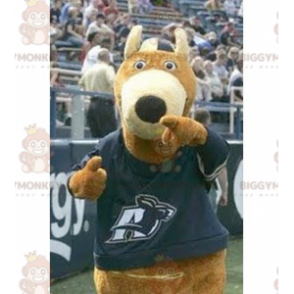 Costume de mascotte BIGGYMONKEY™ d'ours marron avec un t-shirt bleu - Mascotte d'ours - BIGGYMONKEY_01434 - BiggyMonkey.com