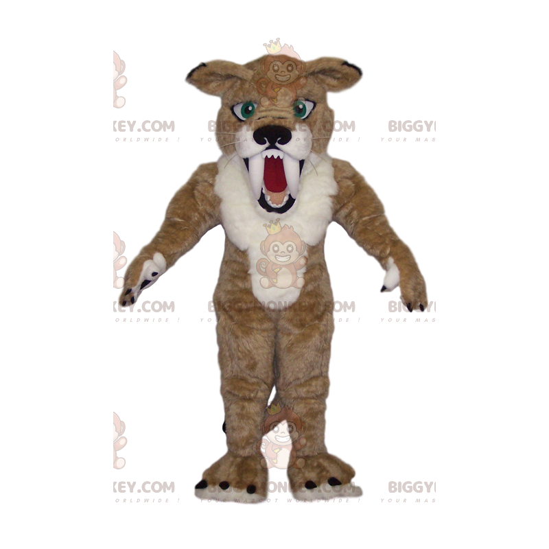 Costume de mascotte BIGGYMONKEY™ de smilodon beige et blanc. Costume de mascotte BIGGYMONKEY™ de smilodon beige et blanc.