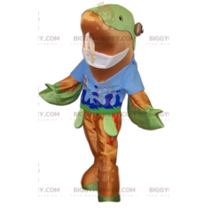 Dolphin BIGGYMONKEY™ maskottiasu sinisellä t-paidalla. delfiini