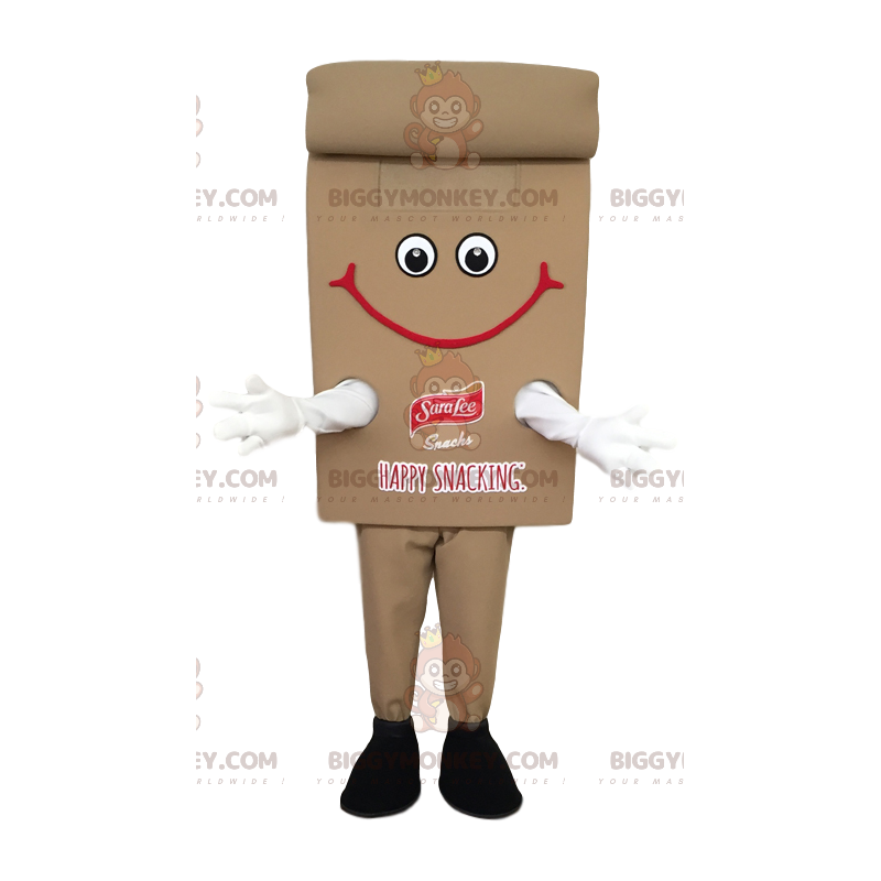 Costume de mascotte BIGGYMONKEY™ de snack marron souriant.