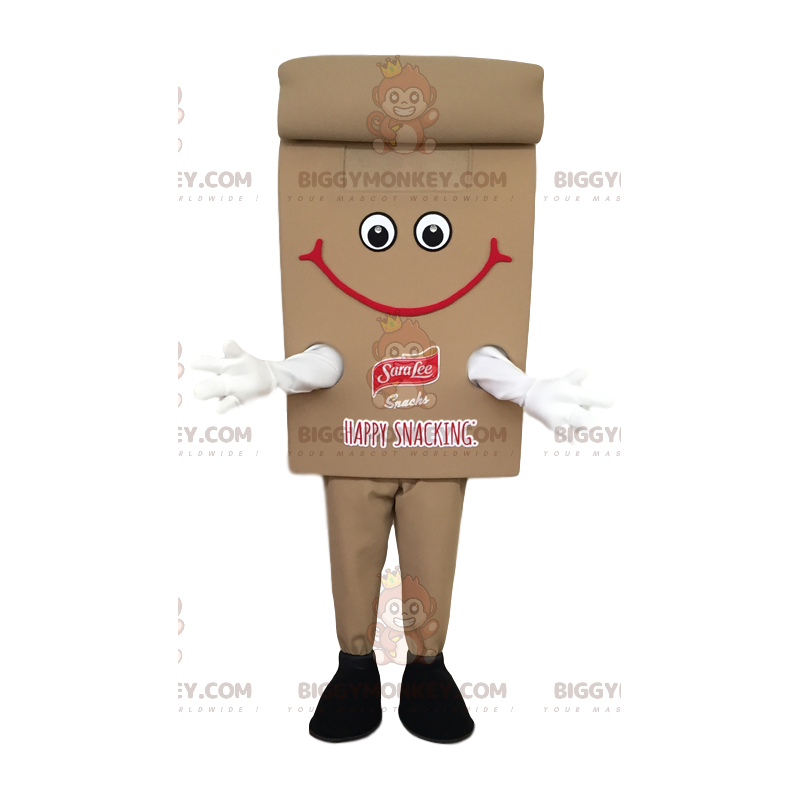 Costume de mascotte BIGGYMONKEY™ de snack marron souriant. Costume de mascotte BIGGYMONKEY™ de snack marron souriant.