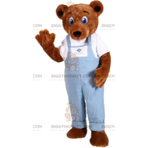 Brun björn BIGGYMONKEY™ maskotdräkt med blå overall -