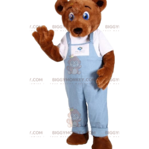 Bruine beer BIGGYMONKEY™ mascottekostuum met blauwe overall -