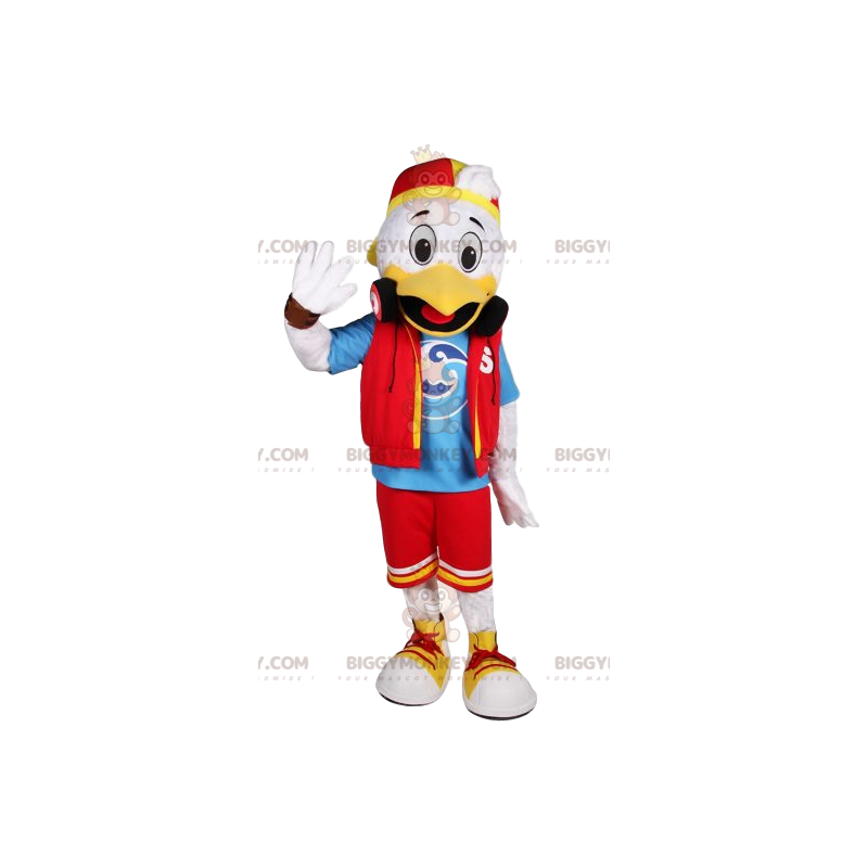 Costume de mascotte BIGGYMONKEY™ de canard blanc en tenue Costume de mascotte BIGGYMONKEY™ de canard blanc en tenue