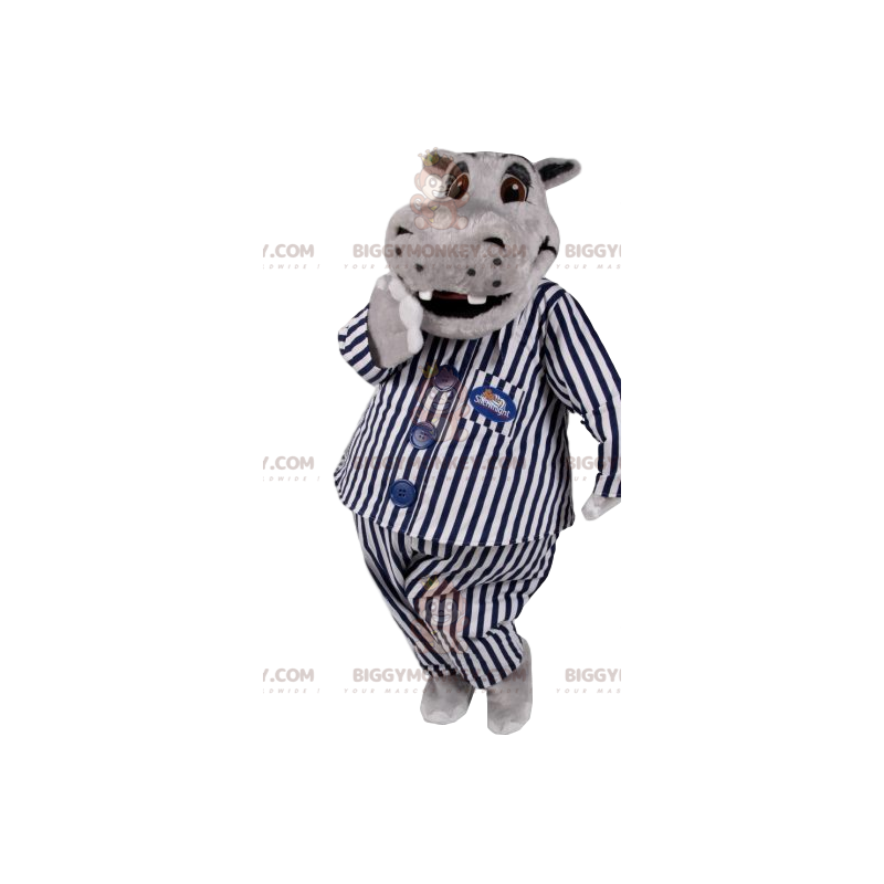 Costume de mascotte BIGGYMONKEY™ d'hyppotame gris en pyjama Costume de mascotte BIGGYMONKEY™ d'hyppotame gris en pyjama