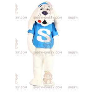 BIGGYMONKEY™ Mascot Costume White Dog with Turquoise Jersey -