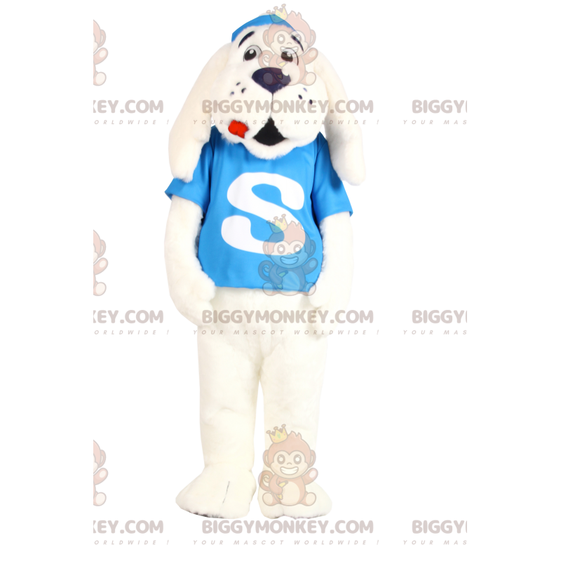 Kostium maskotka BIGGYMONKEY™ biały pies z turkusowym dżersejem Kostium maskotka BIGGYMONKEY™ biały pies z turkusowym dżersejem