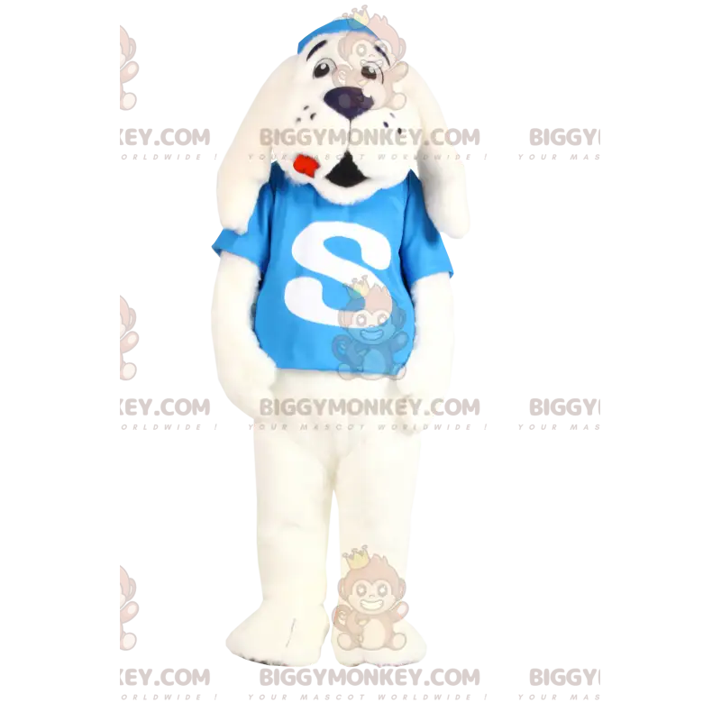 Kostým maskota BIGGYMONKEY™ Bílý pes s tyrkysovým dresem – Kostým maskota BIGGYMONKEY™ Bílý pes s tyrkysovým dresem –