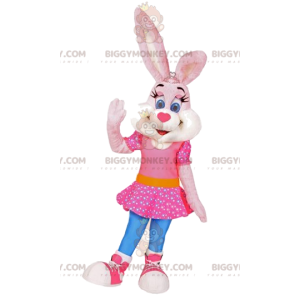 Bunny BIGGYMONKEY™ maskotdräkt med rosa klänning, kaninkostym -