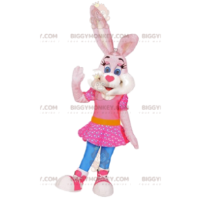 Στολή μασκότ Bunny BIGGYMONKEY™ με ροζ φόρεμα. Στολή λαγουδάκι