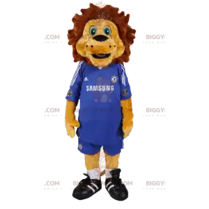 BIGGYMONKEY™ mascot costume of lion in blue football kit. lion