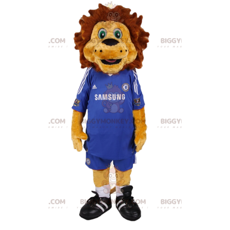BIGGYMONKEY™ costume da mascotte di leone con divisa da calcio BIGGYMONKEY™ costume da mascotte di leone con divisa da calcio