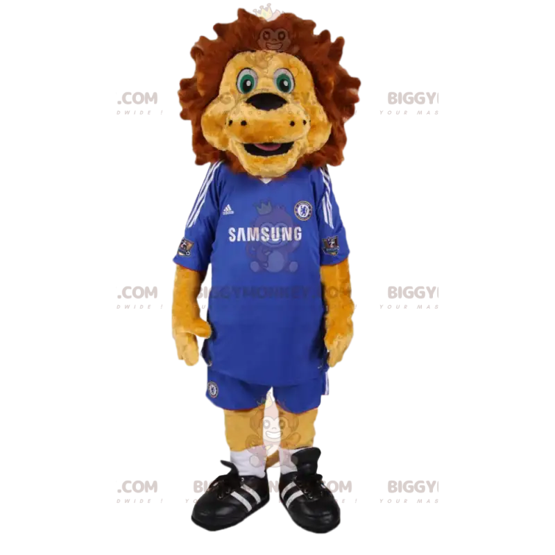 BIGGYMONKEY™ mascot costume of lion in blue football kit. lion BIGGYMONKEY™ mascot costume of lion in blue football kit. lion