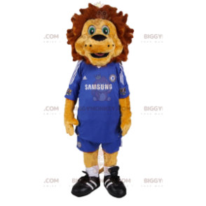 BIGGYMONKEY™ leijonan maskottiasu sinisessä jalkapallopakkauksessa. leijona puku - Leijonan maskotit - BiggyMonkey.com