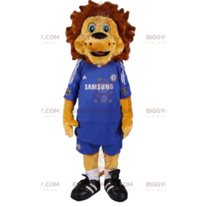 BIGGYMONKEY™ mascot costume of lion in blue football kit. lion