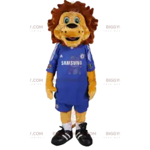 BIGGYMONKEY™ mascot costume of lion in blue football kit. lion