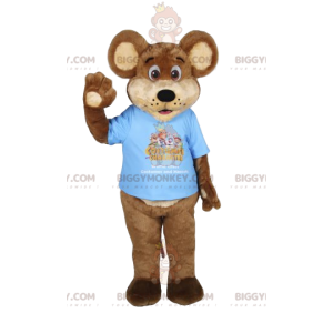 Brown bear BIGGYMONKEY™ mascot costume with blue t-shirt. bear