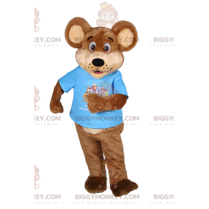 Costume da mascotte orso bruno BIGGYMONKEY™ con t-shirt blu.