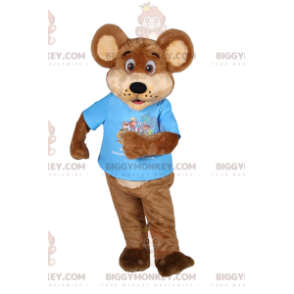 Ruskea karhu BIGGYMONKEY™ maskottiasu sinisellä t-paidalla. karhun puku - Karhun maskotti - BIGGYMONKEY_012449 - BiggyMonkey.com