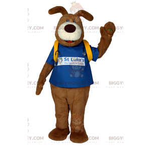 Ruskea koiran BIGGYMONKEY™ maskottiasu sinisellä t-paidalla ja