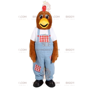 Costume de mascotte BIGGYMONKEY™ de poule en salopette bleue.