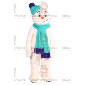 BIGGYMONKEY™ mascot costume snowman with blue scarf. -