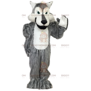 Costume da mascotte BIGGYMONKEY™ lupo grigio e bianco. costume