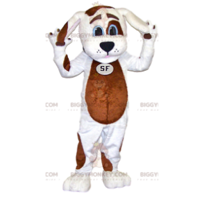 BIGGYMONKEY™ Maskottchenkostüm weißer Hund mit braunen Flecken.