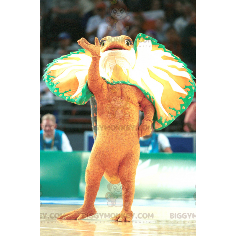 Costume de mascotte BIGGYMONKEY™ de dinosaure orange vert et Costume de mascotte BIGGYMONKEY™ de dinosaure orange vert et